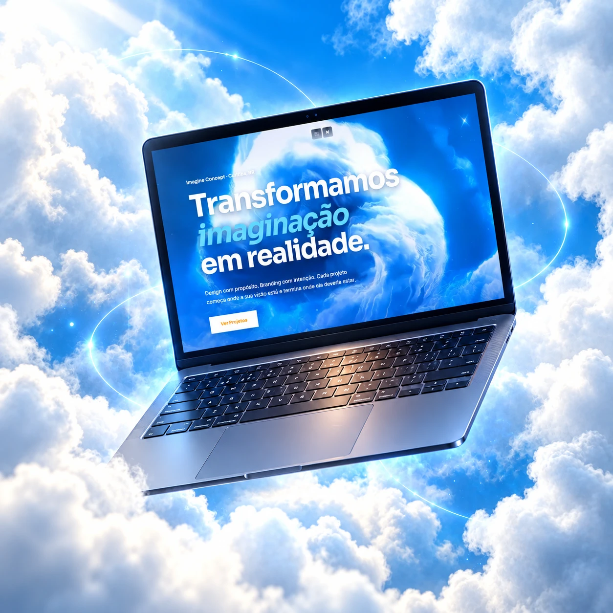 Desenvolvimento web: um notebook flutuando entre nuvens exibindo o site da IMAGINE